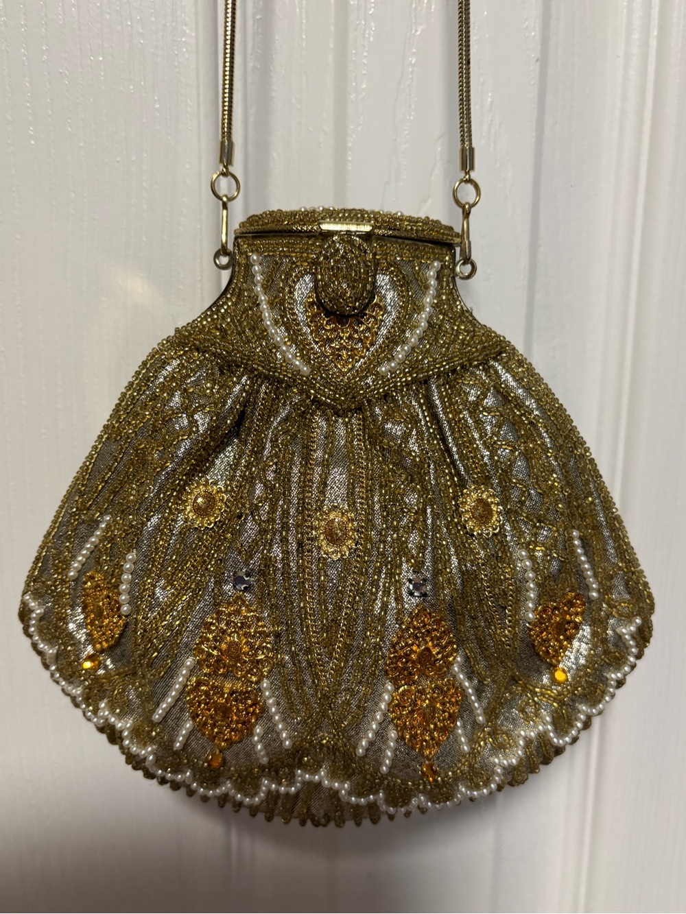 Vintage Hashimoto Gold Beaded Evening Clutch with Pearl Accents - 7 1/2” x 7”